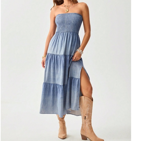 Boho Ombre Strapless Shirred Stretchy Midi Dress - Picture 2 of 5